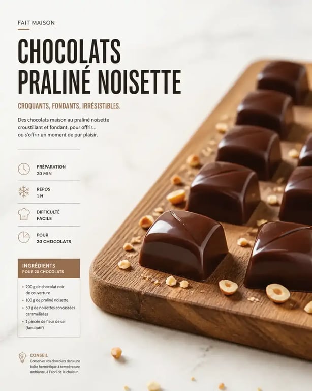 Petits chocolats maison faciles démoulés et brillants sur planche en bois