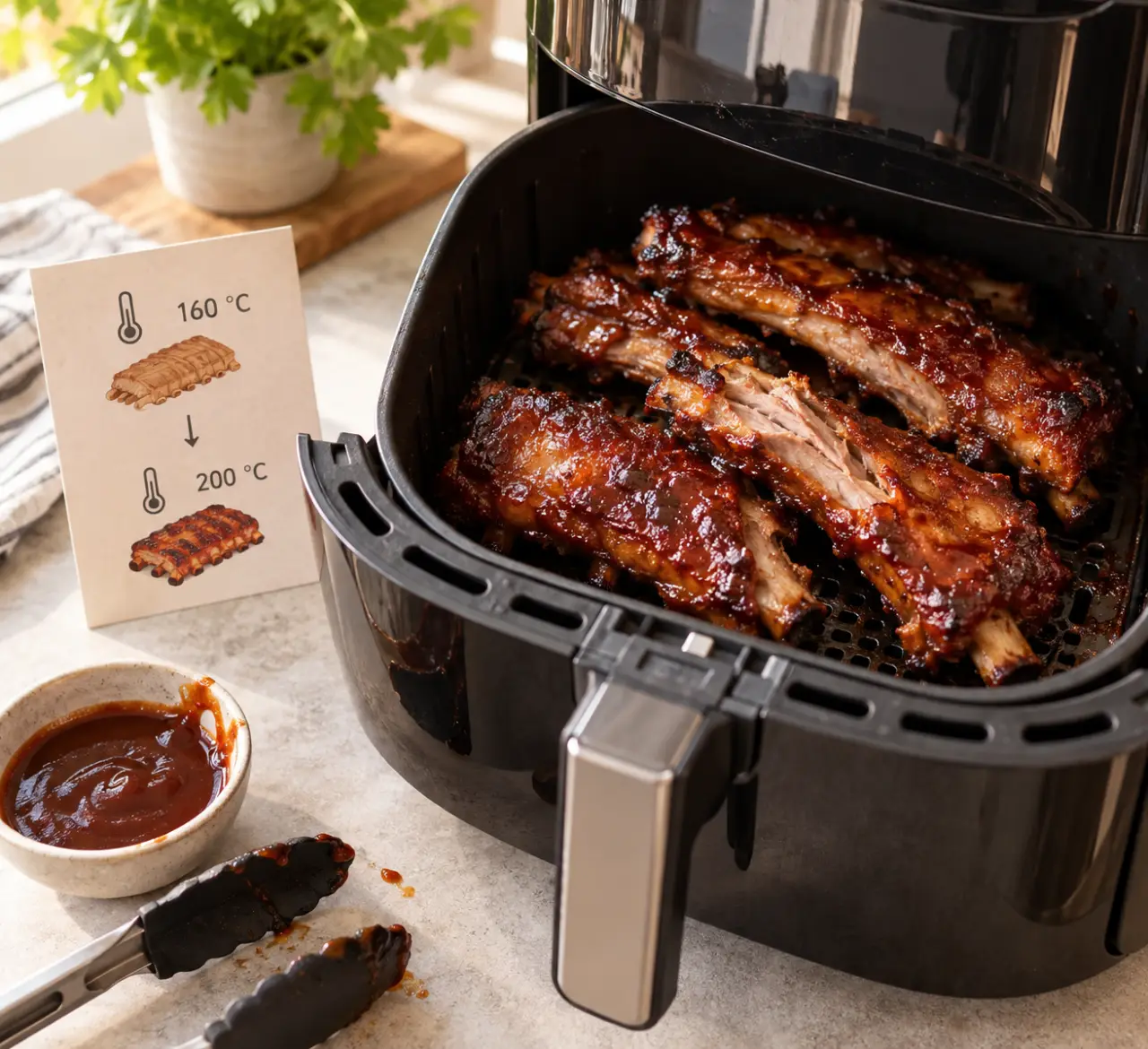 Ribs au Air Fryer : 160 °C puis 200 °C pour une viande tendre et une sauce caramélisée