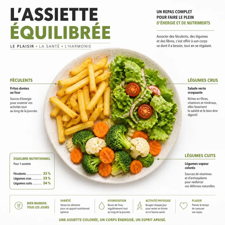 Repas équilibré avec des frites et des légumes frais.