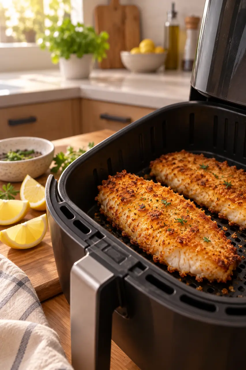 Poisson pané surgelé à l’Air Fryer : 10 à 15 minutes à 190 °C pour une panure croustillante