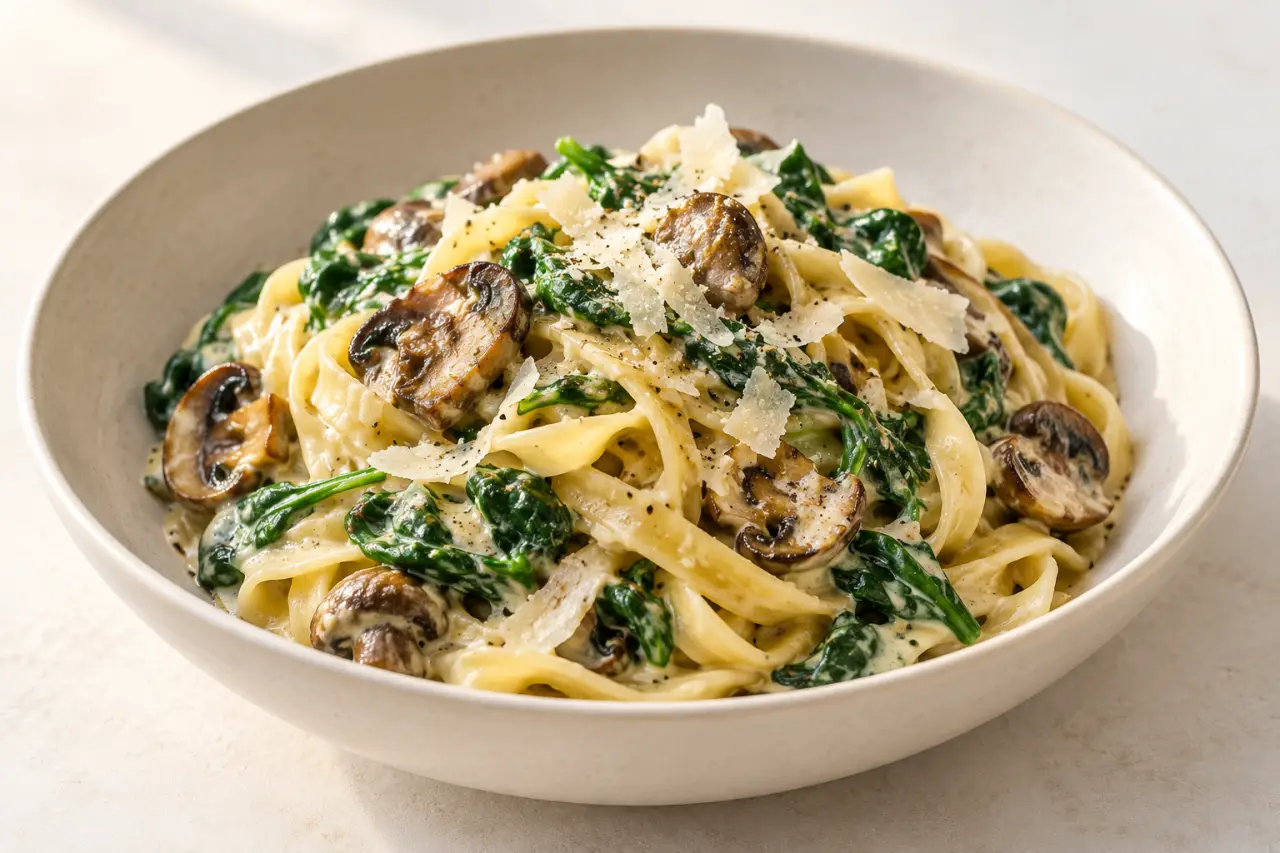 Recettes avec épinards frais : pâtes crémeuses aux champignons et épinards