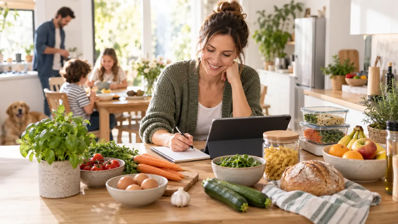 Tablette affichant un planning de repas à côté de légumes frais dans une cuisine lumineuse