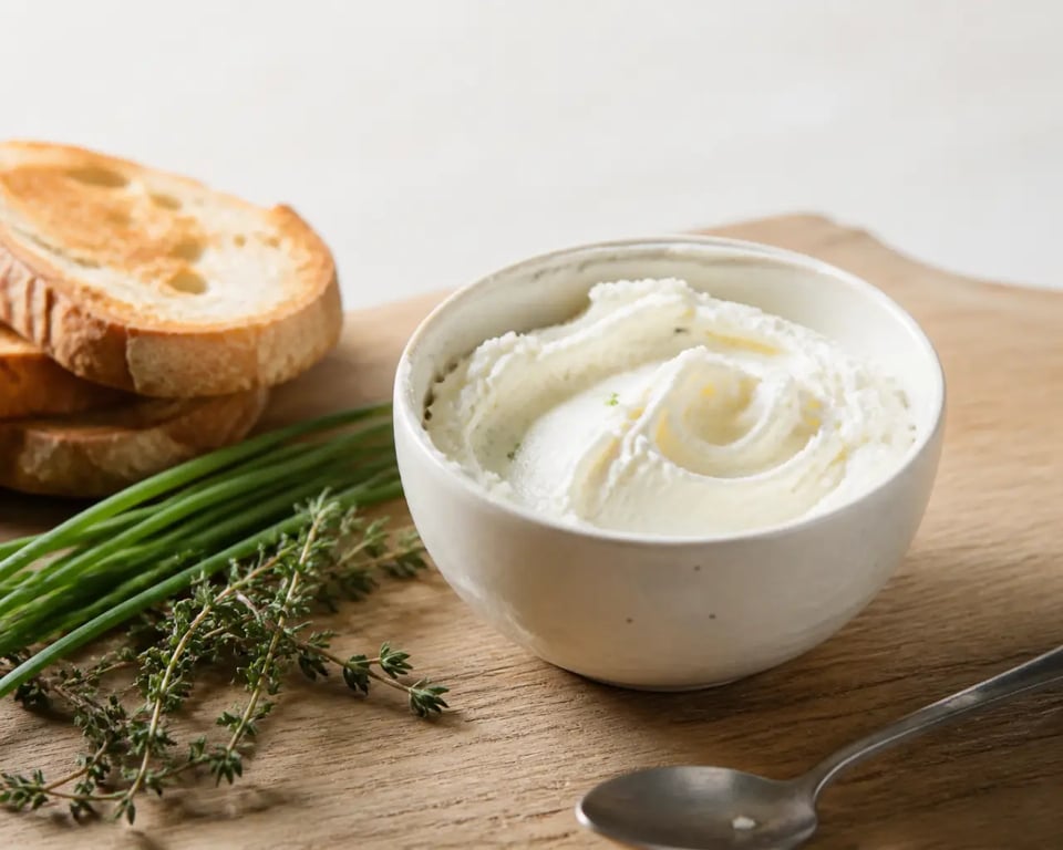 Recette fromage frais maison crémeux et tartinable dans un bol avec pain grillé