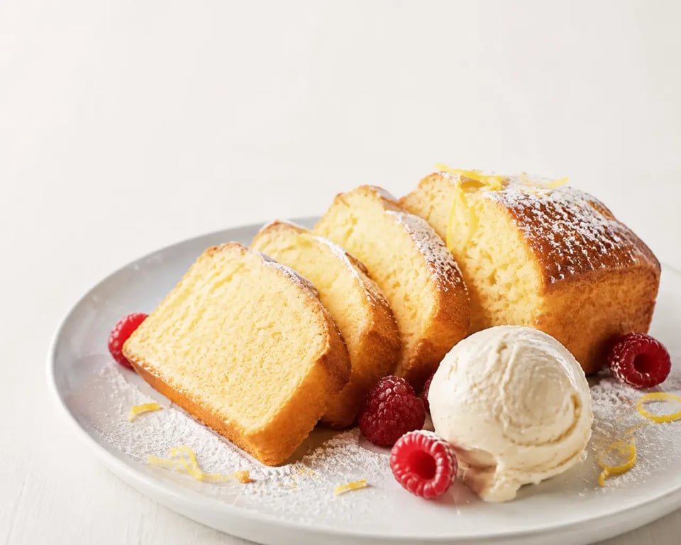 Gâteau léger pour accompagner une glace vanille, citron et framboises