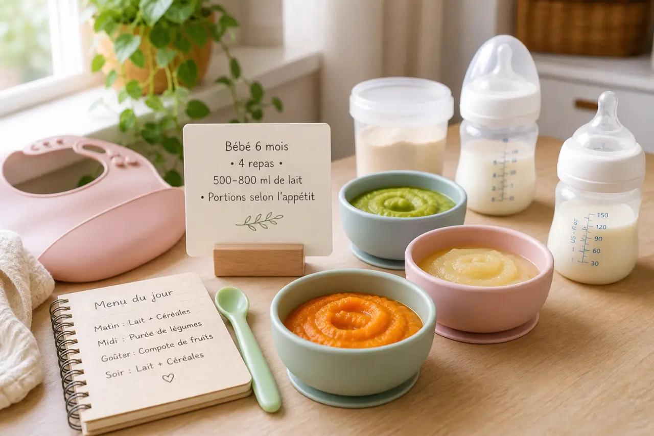 Menu type bébé 6 mois : 4 repas, 500 à 800 ml de lait et des portions adaptées à son appétit