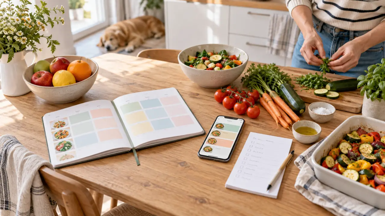 Tablette affichant un planning de repas entourée de légumes frais dans une cuisine lumineuse