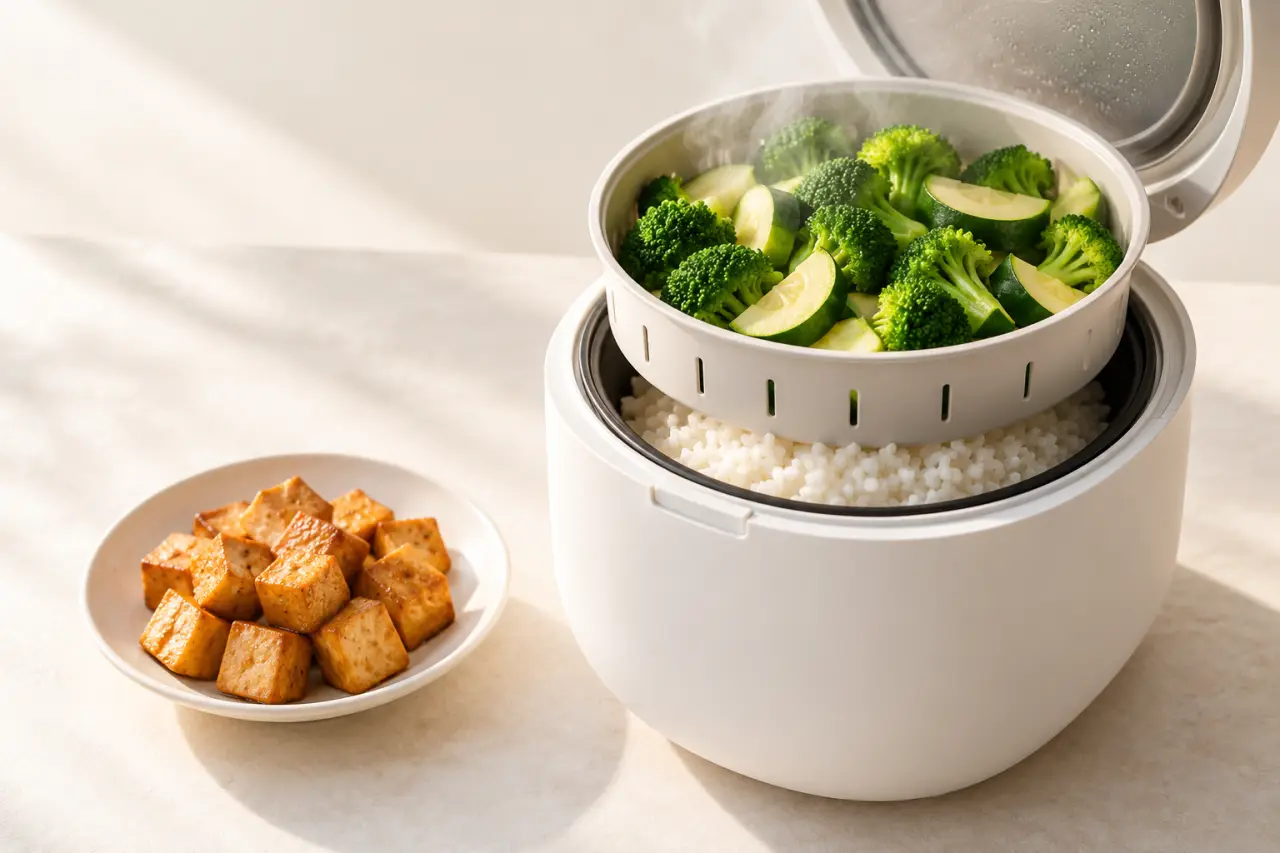 Recettes cuiseur riz : riz, légumes vapeur et tofu fumé