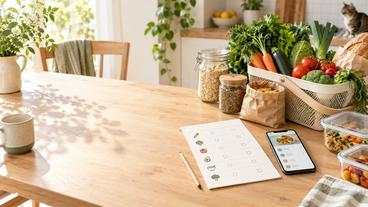 Légumes frais et liste de courses pour préparer des menus anti-gaspillage