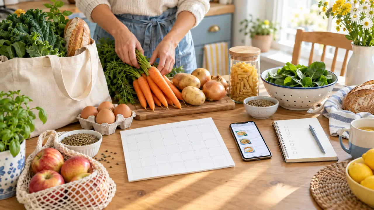Ingrédients frais et tablette affichant un planning de repas dans une cuisine lumineuse