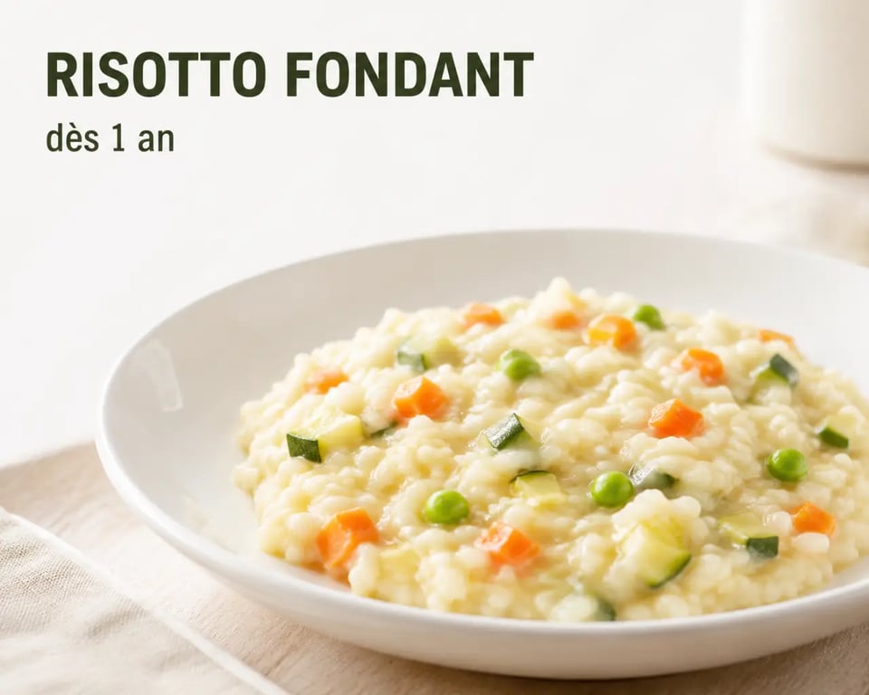 Recette bebe 1 an avec assiette de risotto fondant aux légumes et petits morceaux tendres