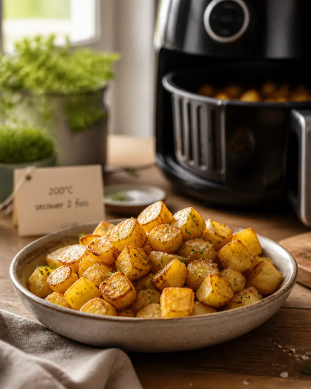 Pommes de terre sautées à l’air fryer : 200°C, dés de 1,5 cm et panier à secouer deux fois