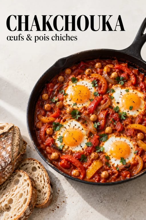 Recette à la poele : chakchouka complète aux œufs et pois chiches