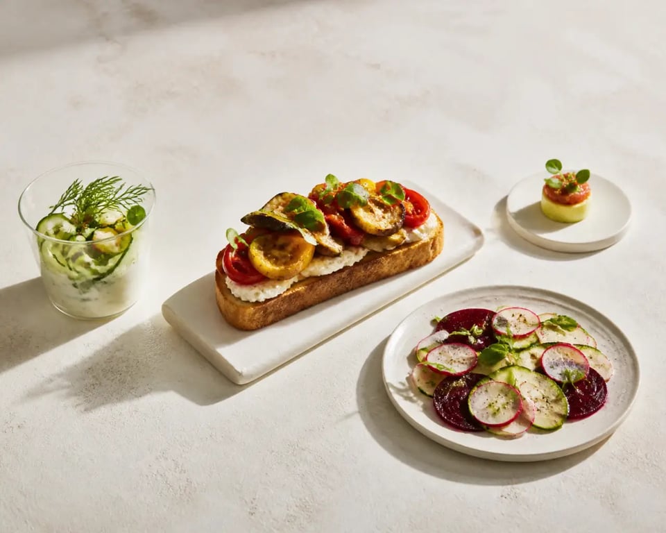 Recettes entrées simples et originales présentées en assortiment élégant sur une table claire