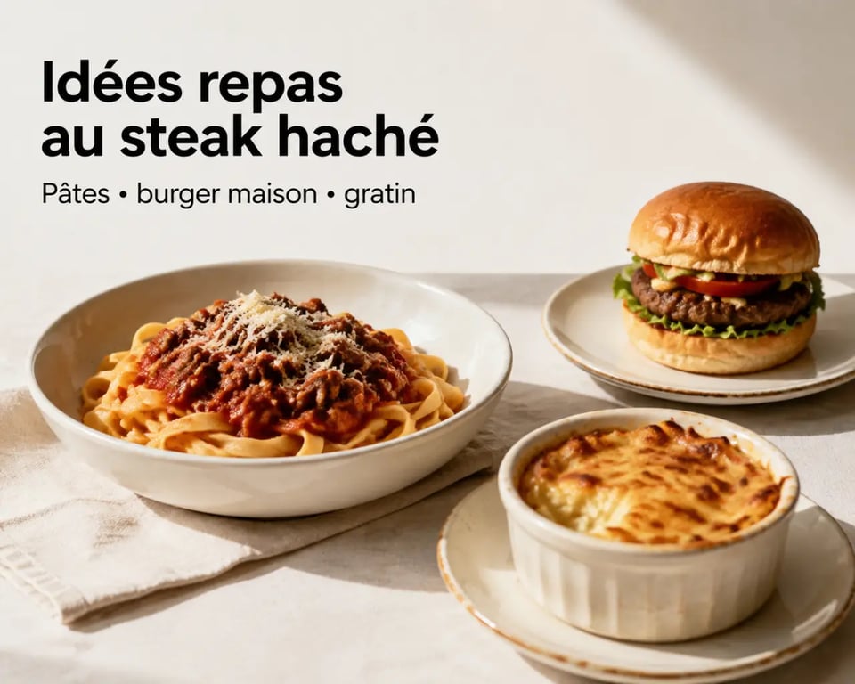 Idées repas avec steak haché présentées sur une table de dîner du quotidien, avec pâtes, burger et gratin