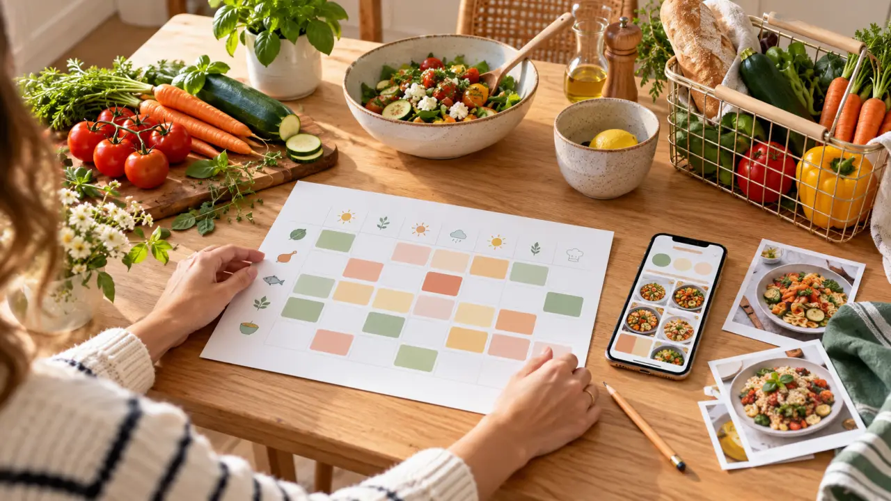 Ingrédients frais et carnet de planification pour préparer les repas de la semaine