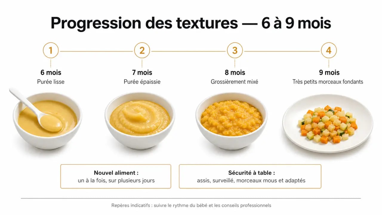 Menu type bebe 6 mois : progression des textures de la purée lisse aux petits morceaux fondants