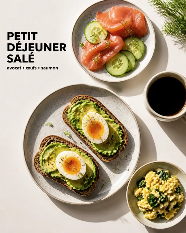 Idée petit déjeuner healthy salé avec avocat, œufs et pain complet