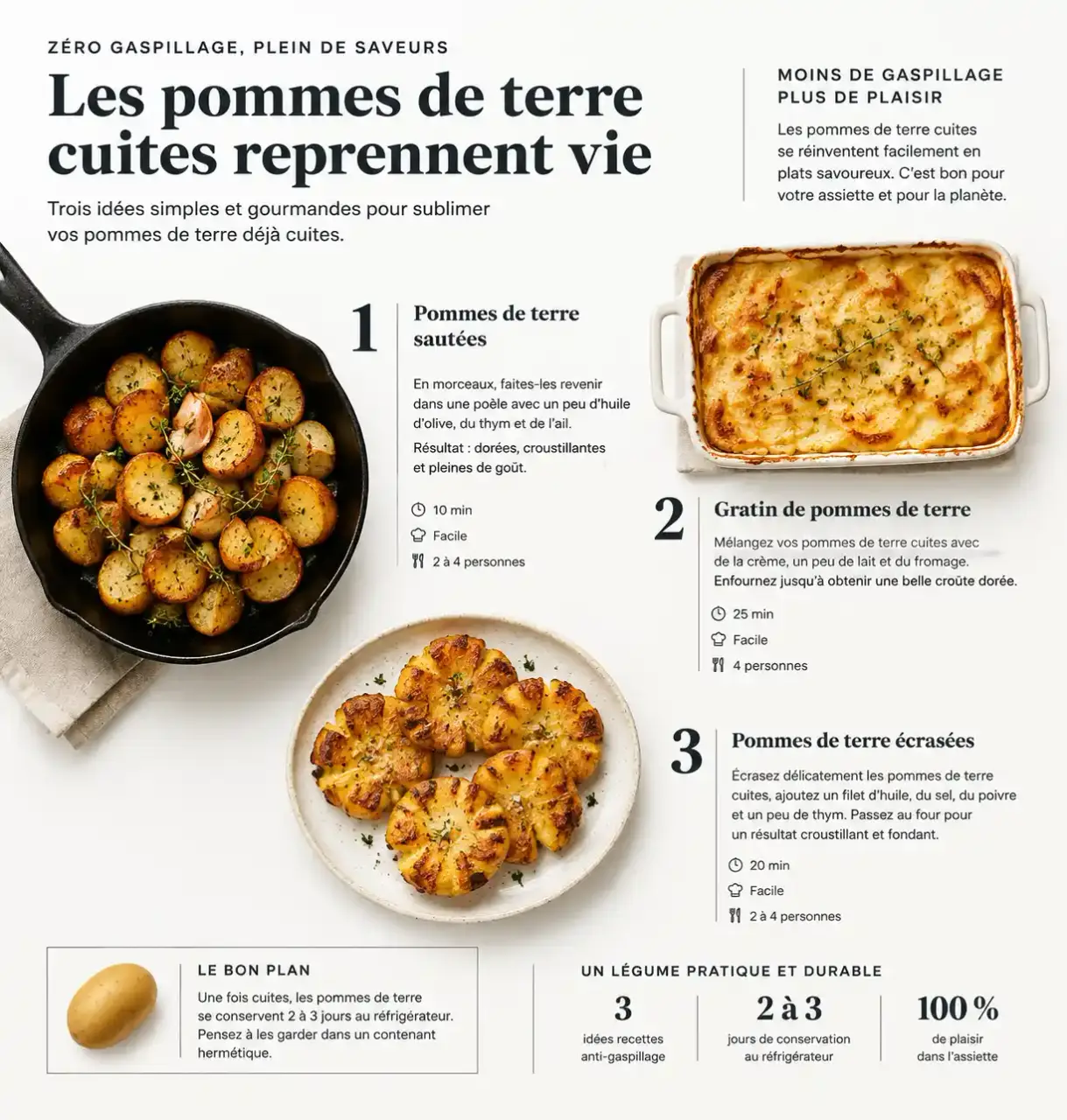 Recette avec pomme de terre cuite : pommes de terre sautées dorées à la poêle, gratin et smashed potatoes