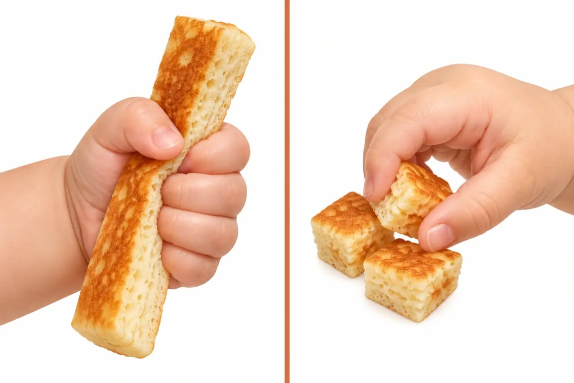 Découpe d’un pancake bébé en bâtonnets et petits dés pour la DME