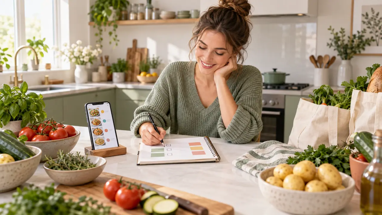 Léa organise ses menus de la semaine avec une tablette et des ingrédients frais