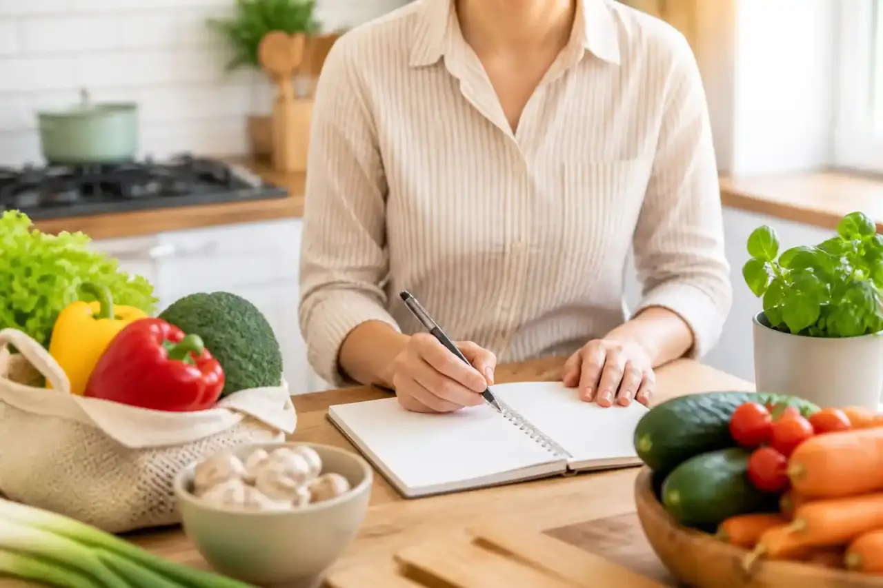 Planification de repas de la semaine dans une cuisine ensoleillée