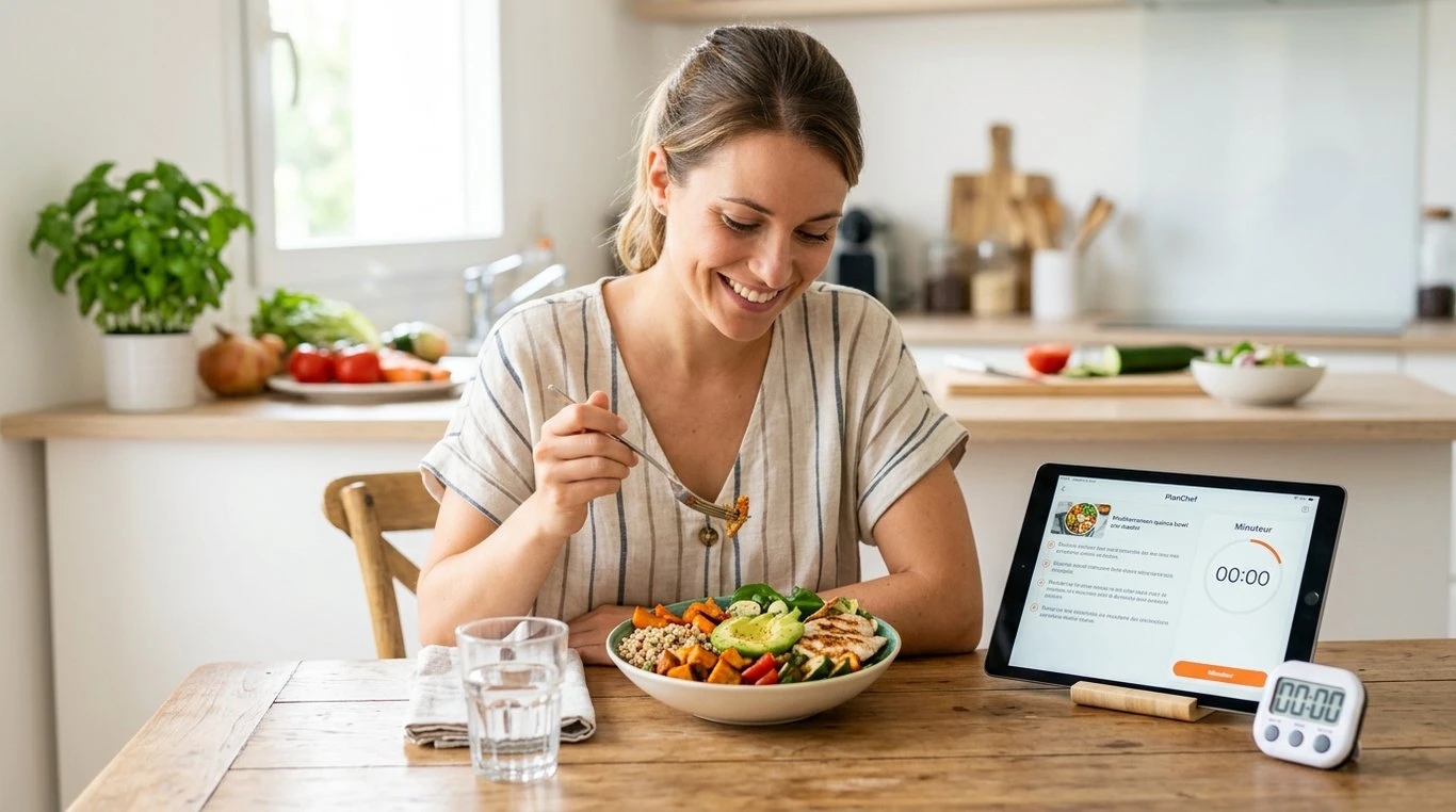 Personne cuisinant sereinement dans une cuisine moderne