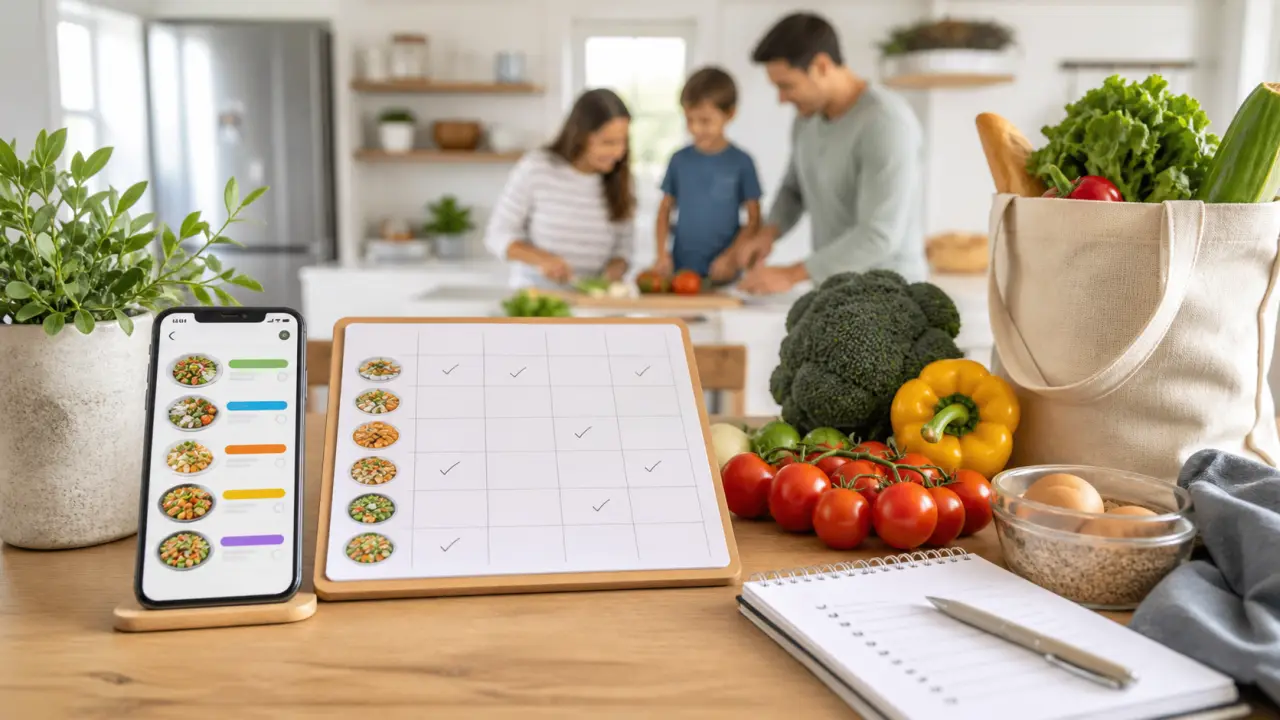 Cuisine lumineuse avec légumes frais et tablette affichant une application de planification de repas