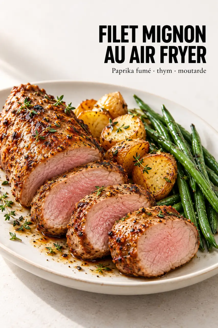 Filet mignon au air fryer de porc tranché avec pommes de terre rôties