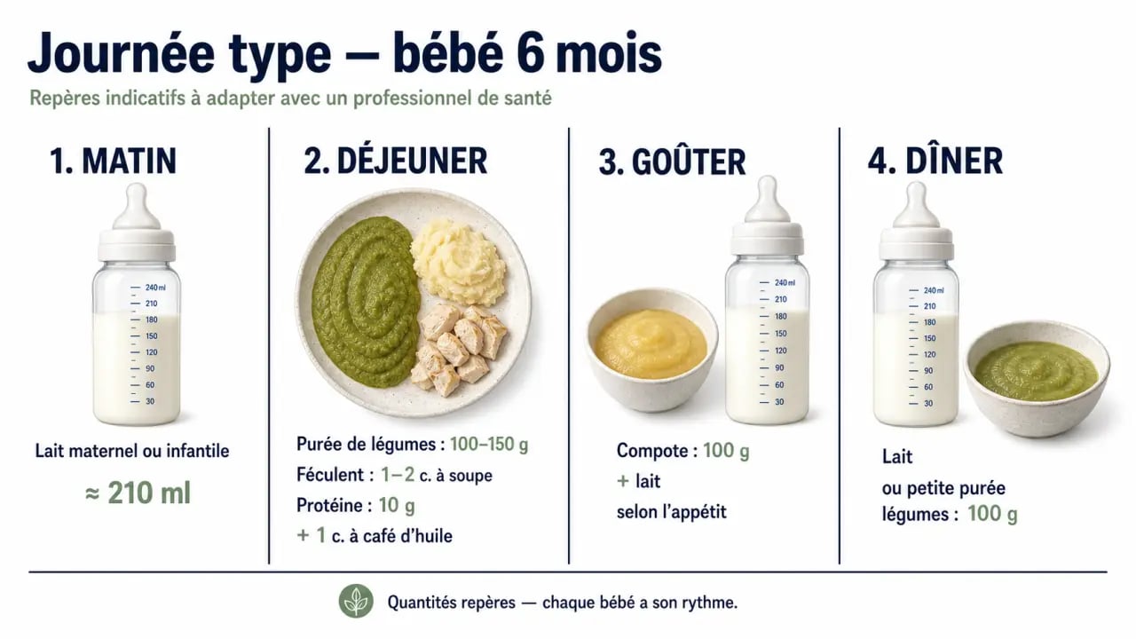 Menu type bebe 6 mois : journée type avec lait, purée, compote et repères de quantités