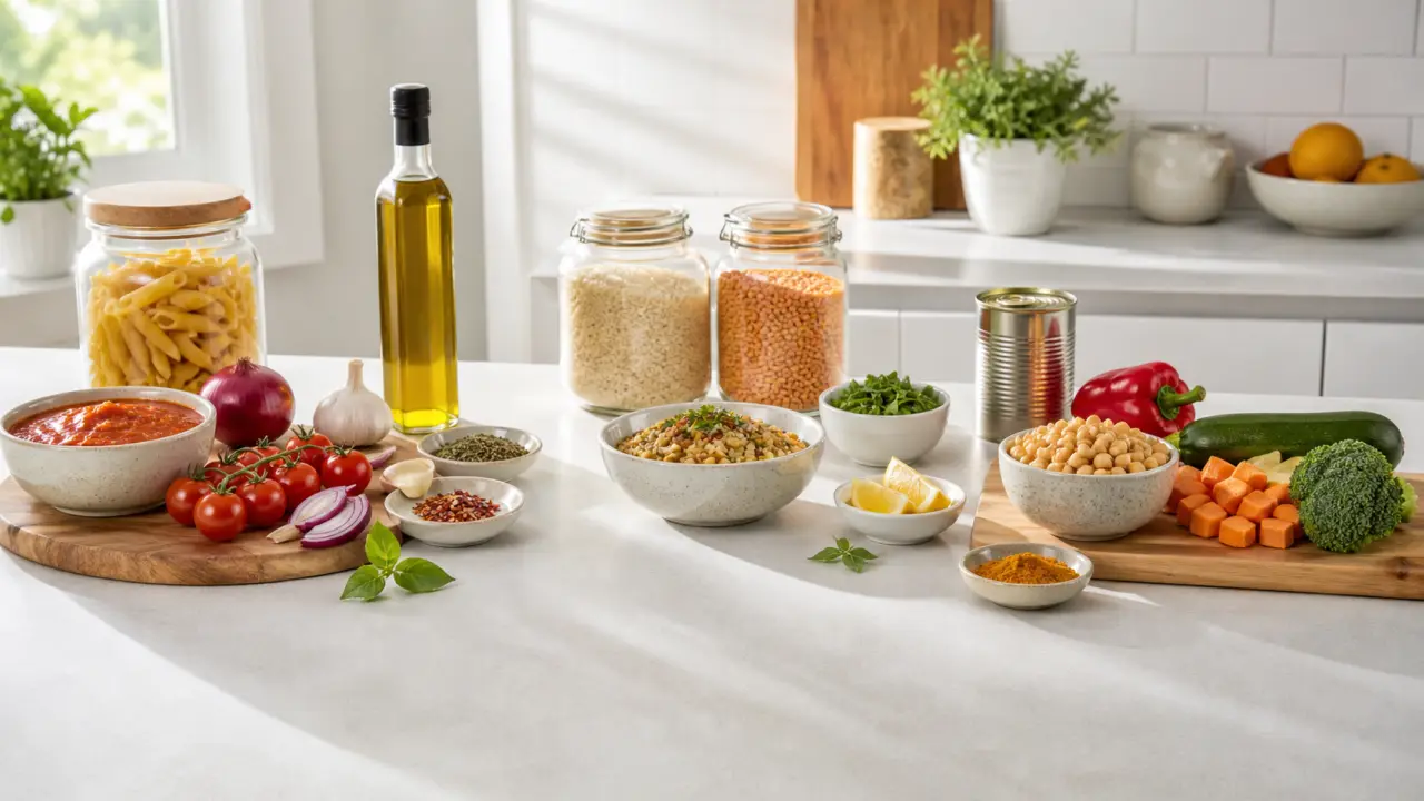 Cuisine lumineuse avec des ingrédients du placard et une tablette affichant un planning de repas