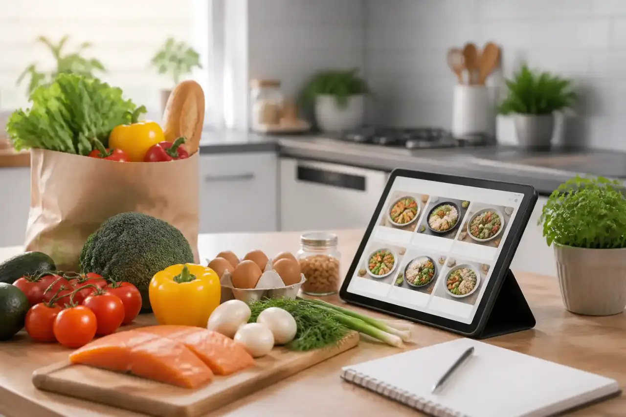 Cuisine lumineuse avec des légumes frais et une tablette affichant un planning de repas
