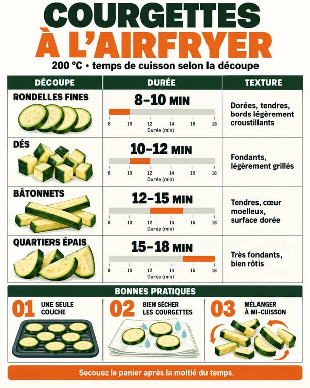 Infographie du temps de cuisson des courgettes à l’Airfryer selon la découpe