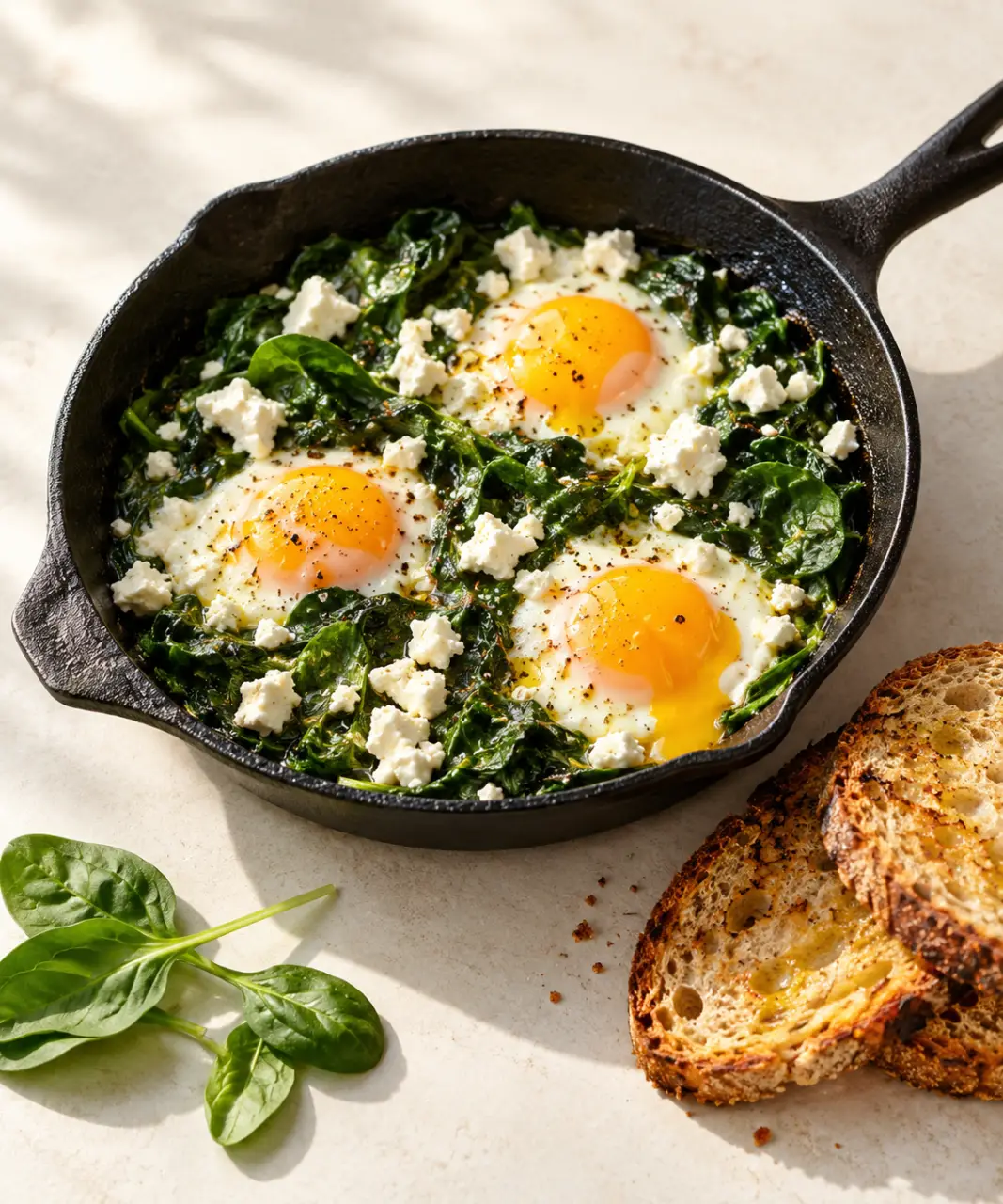 Recettes avec épinards frais : œufs à la feta et épinards poêlés