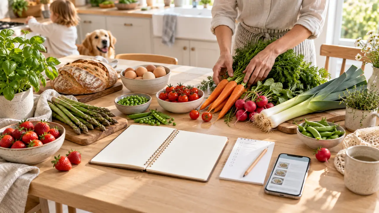 Légumes de saison et planning de repas dans une cuisine lumineuse