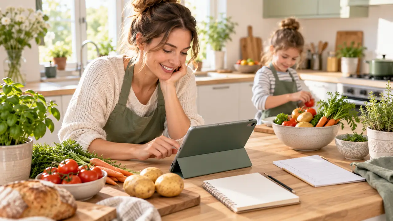 Ingrédients frais et tablette affichant un planning de repas familial