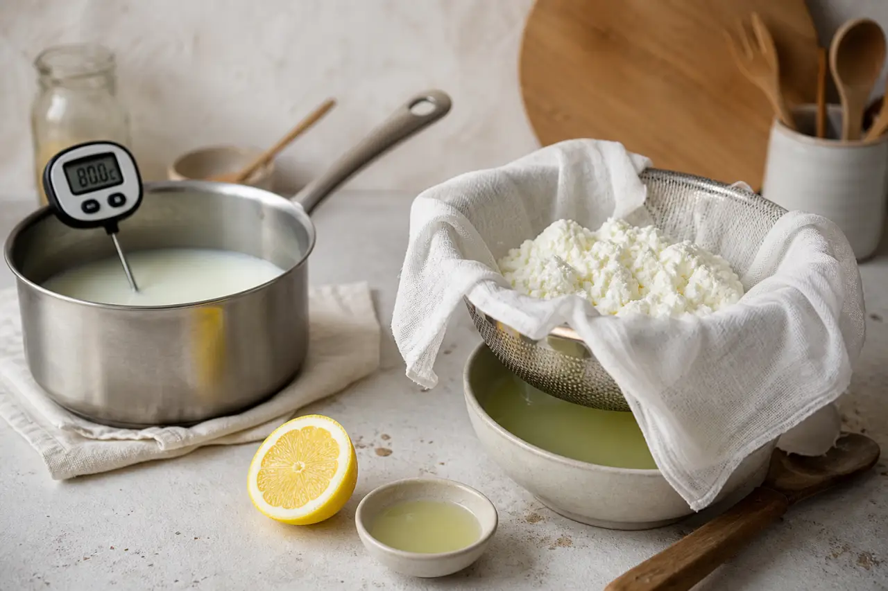 Fromage frais maison : réussir le caillage à 80°C, au citron et à l’égouttage