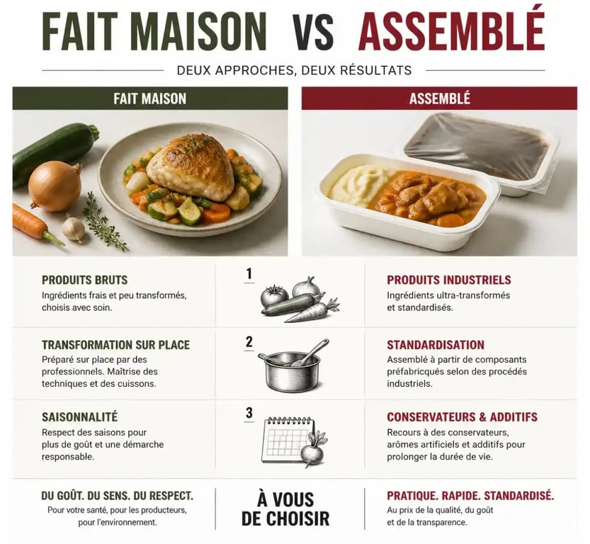 Infographie comparative pour reconnaître une vraie cuisine faite maison et éviter les produits industriels