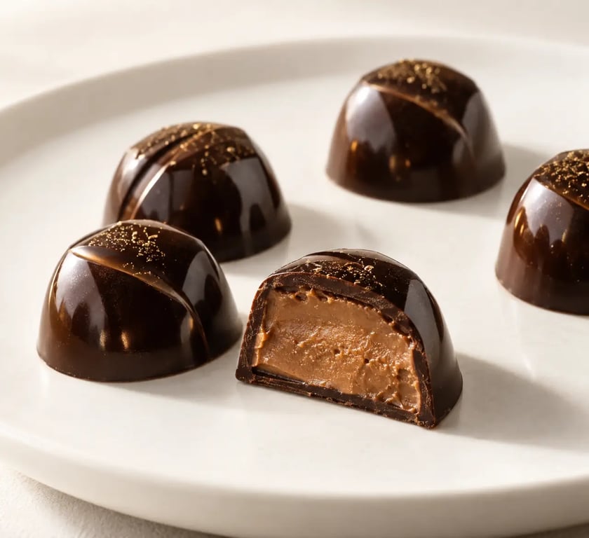 Recette chocolat maison fourré au praliné, chocolats brillants présentés sur une assiette