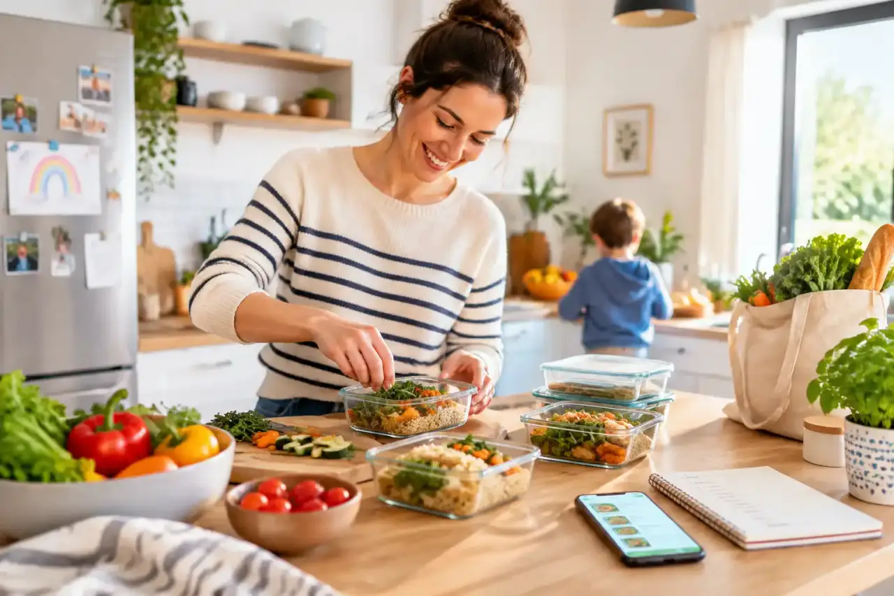 Cuisine lumineuse avec des ingrédients frais et une tablette affichant un planning de repas