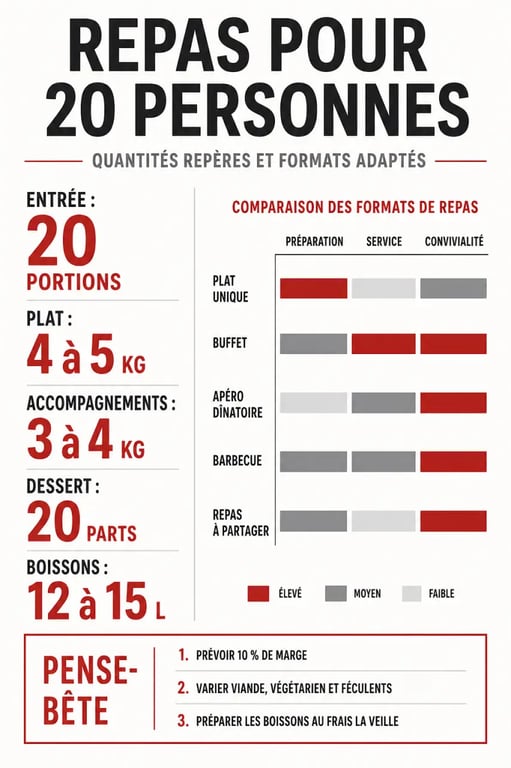 Repas pour 20 personnes : infographie des quantités et des formats de menu à prévoir