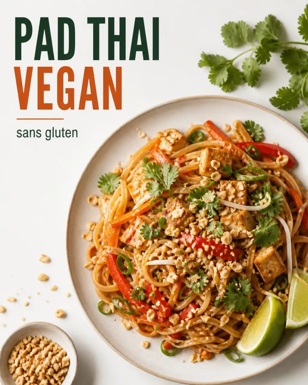 Recette vegan et sans gluten de nouilles de riz façon Pad Thai, dressée avec cacahuètes, coriandre et citron vert