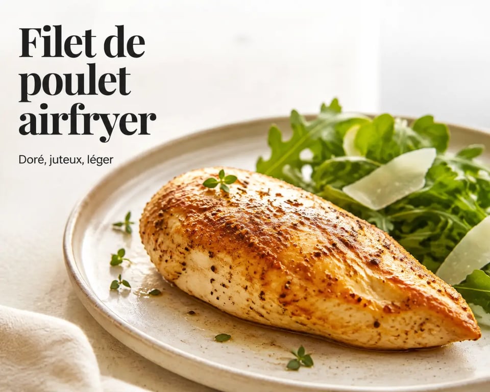 Filet de poulet airfryer doré et juteux servi sur assiette, recette filet de poulet airfryer