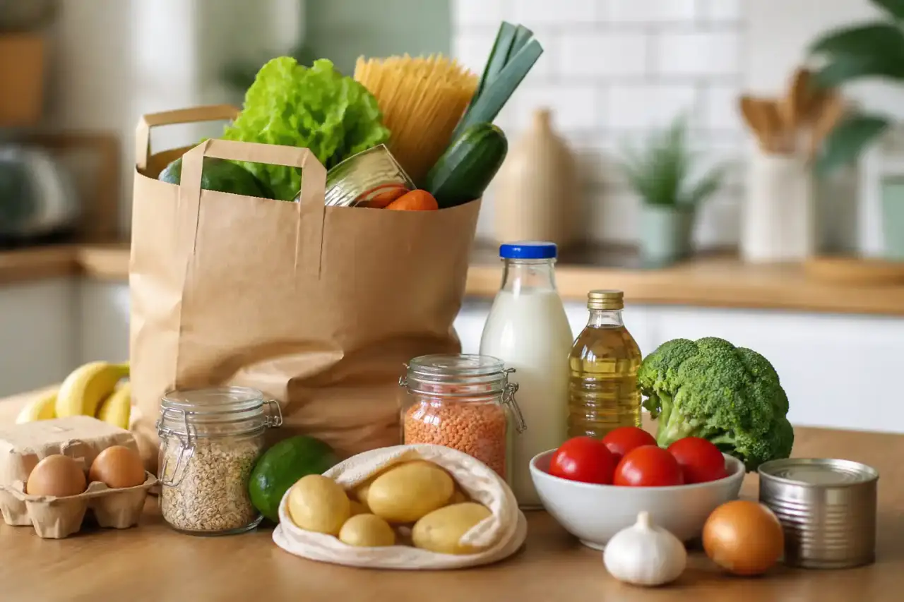 Cuisine lumineuse avec légumes frais et tablette affichant un planning de repas