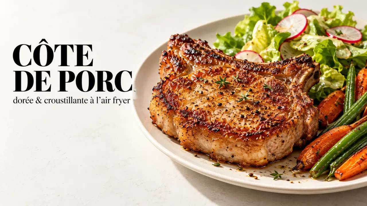 Côte de porc air fryer dorée et juteuse servie avec une salade croquante