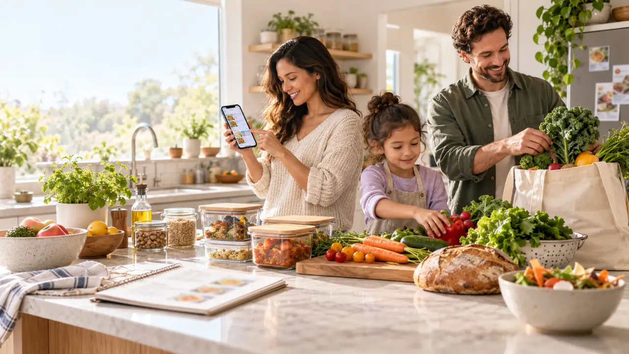 Tablette affichant un planning de menus et ingrédients frais dans une cuisine lumineuse