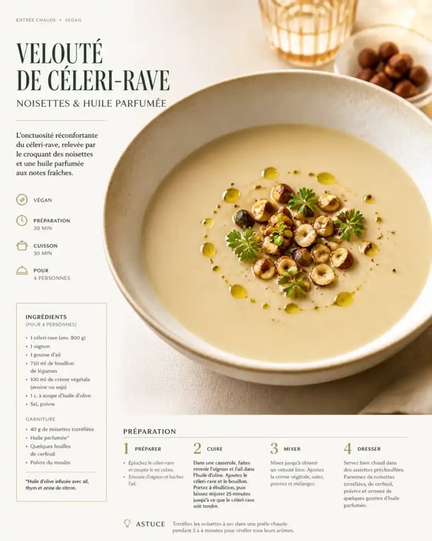 Entrée vegan gastronomique chaude, velouté de céleri-rave aux noisettes