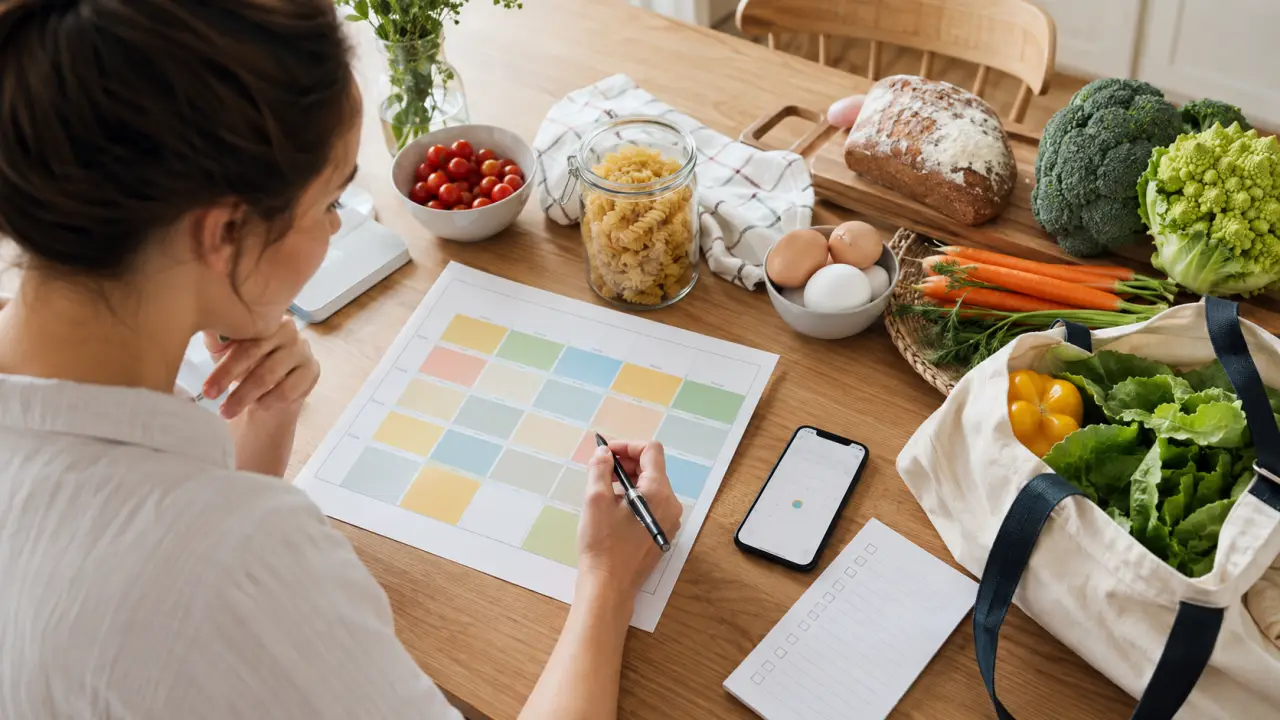 Ingrédients frais et planning de menus de la semaine dans une cuisine lumineuse