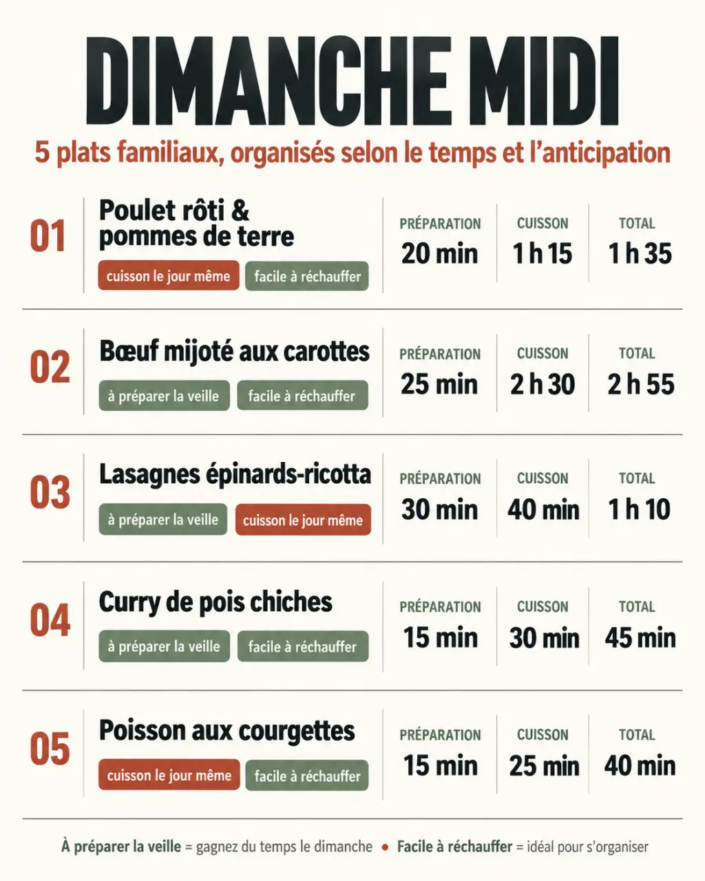 Repas pour dimanche midi : tableau visuel des plats selon le temps de préparation et de cuisson