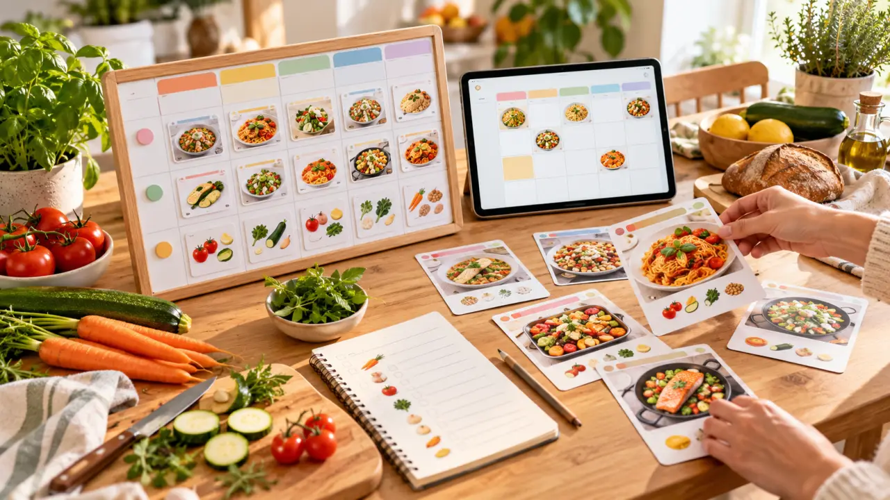 Tablette affichant un planning de repas entourée de légumes frais dans une cuisine lumineuse