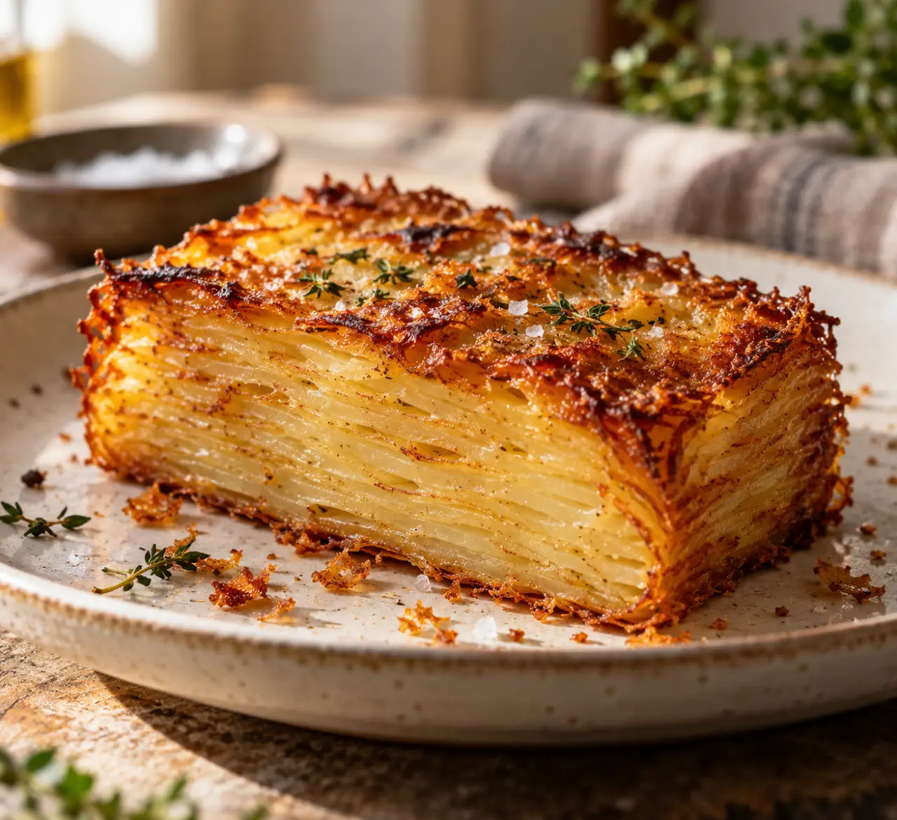 Le millefeuille de pomme de terre tient grâce au pressage, sans perdre son croustillant